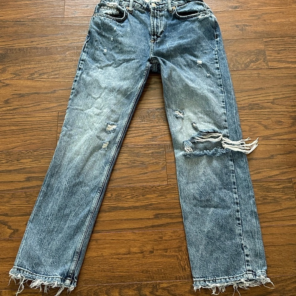 7 For All Mankind Blue Straight Leg Jeans with Distressed Details